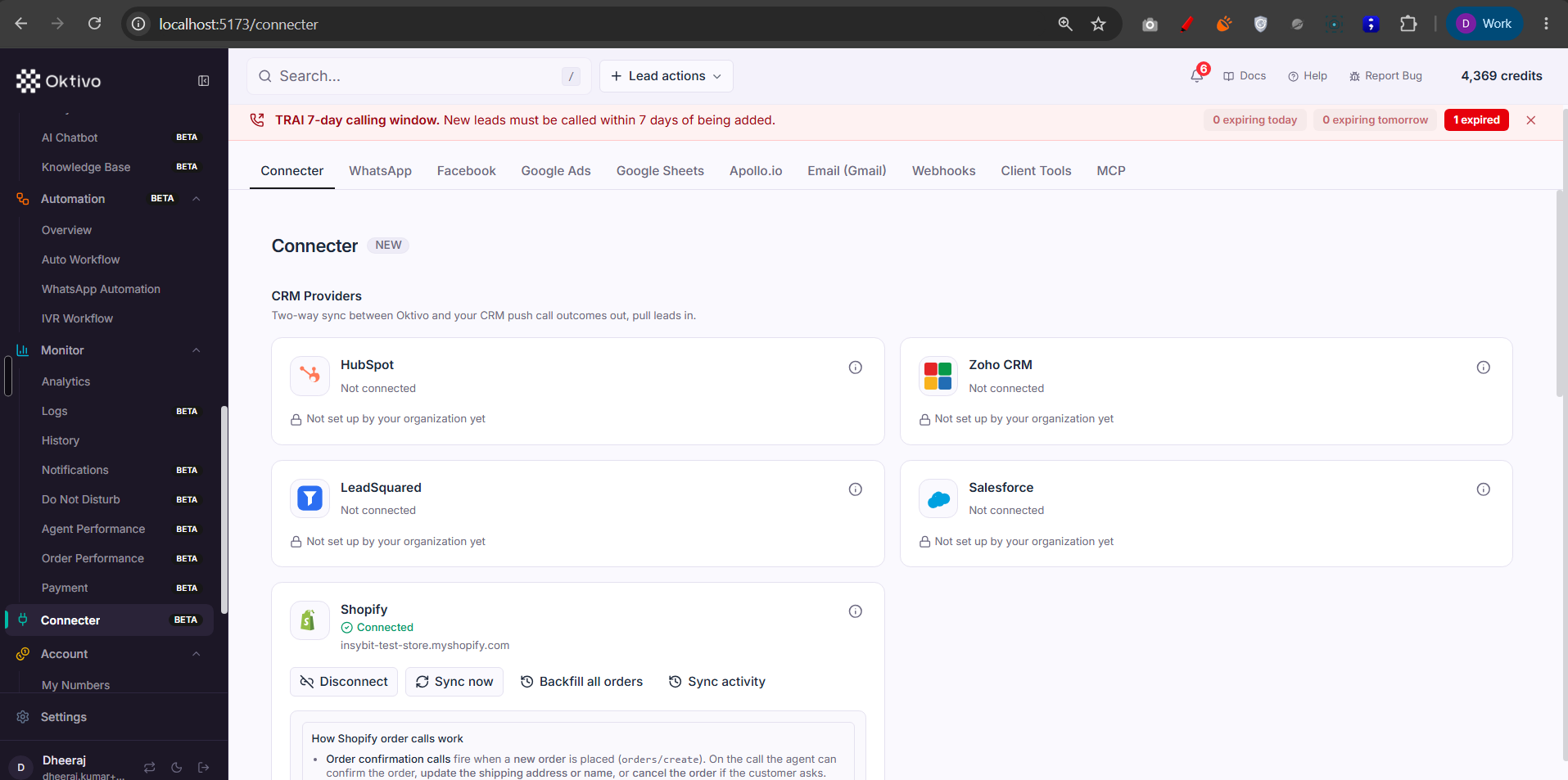 Connecter — integrations hub (tabs)
