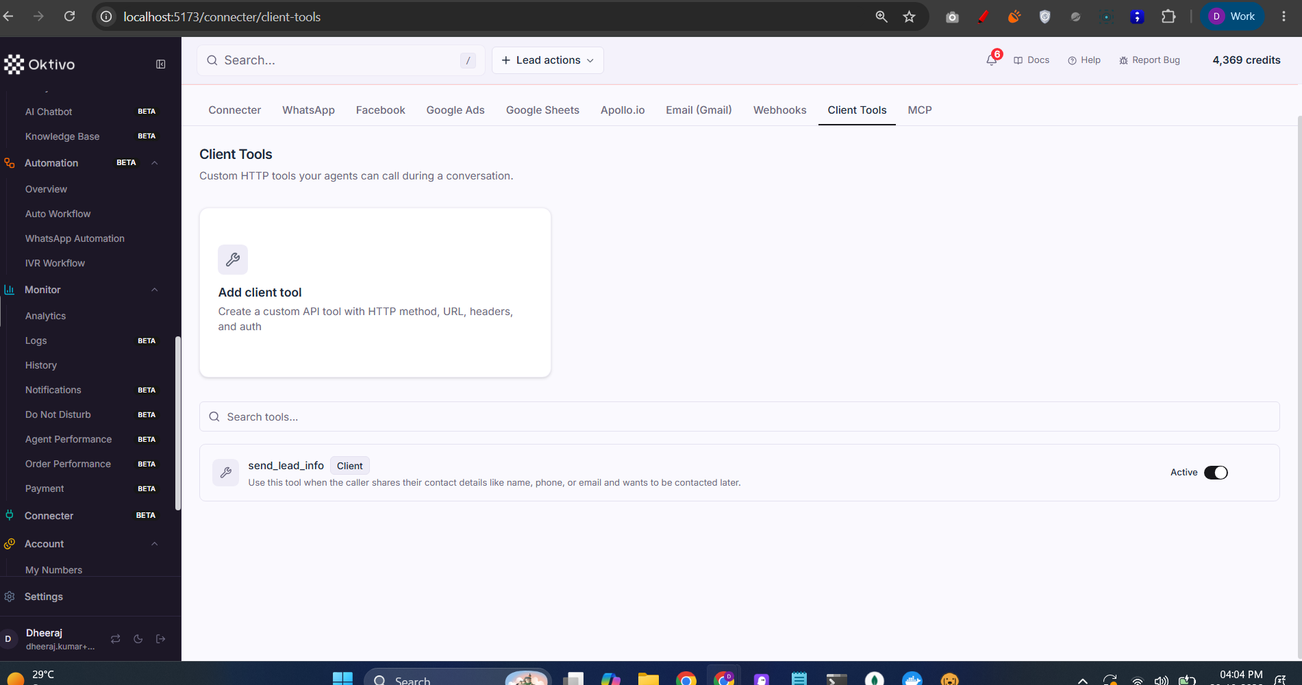Connecter — Webhooks / Client Tools