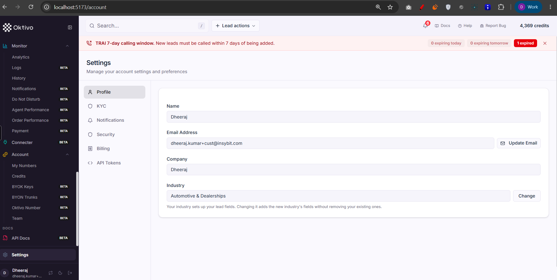 Settings — profile / account